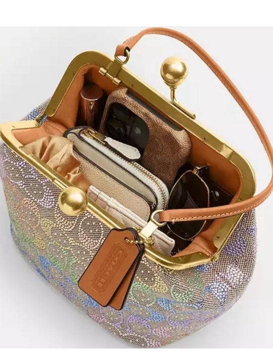 Coach Crystal Rainbow Signature Kisslock Bag with Tan Leather and Brass Hardware - Picture 4 of 15